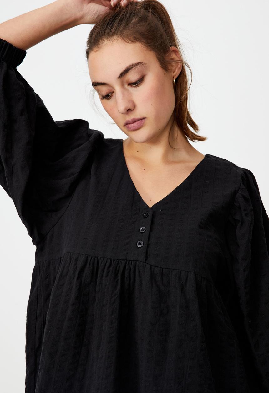 Cotton On - Woven zerha long sleeve smock mini dress - black