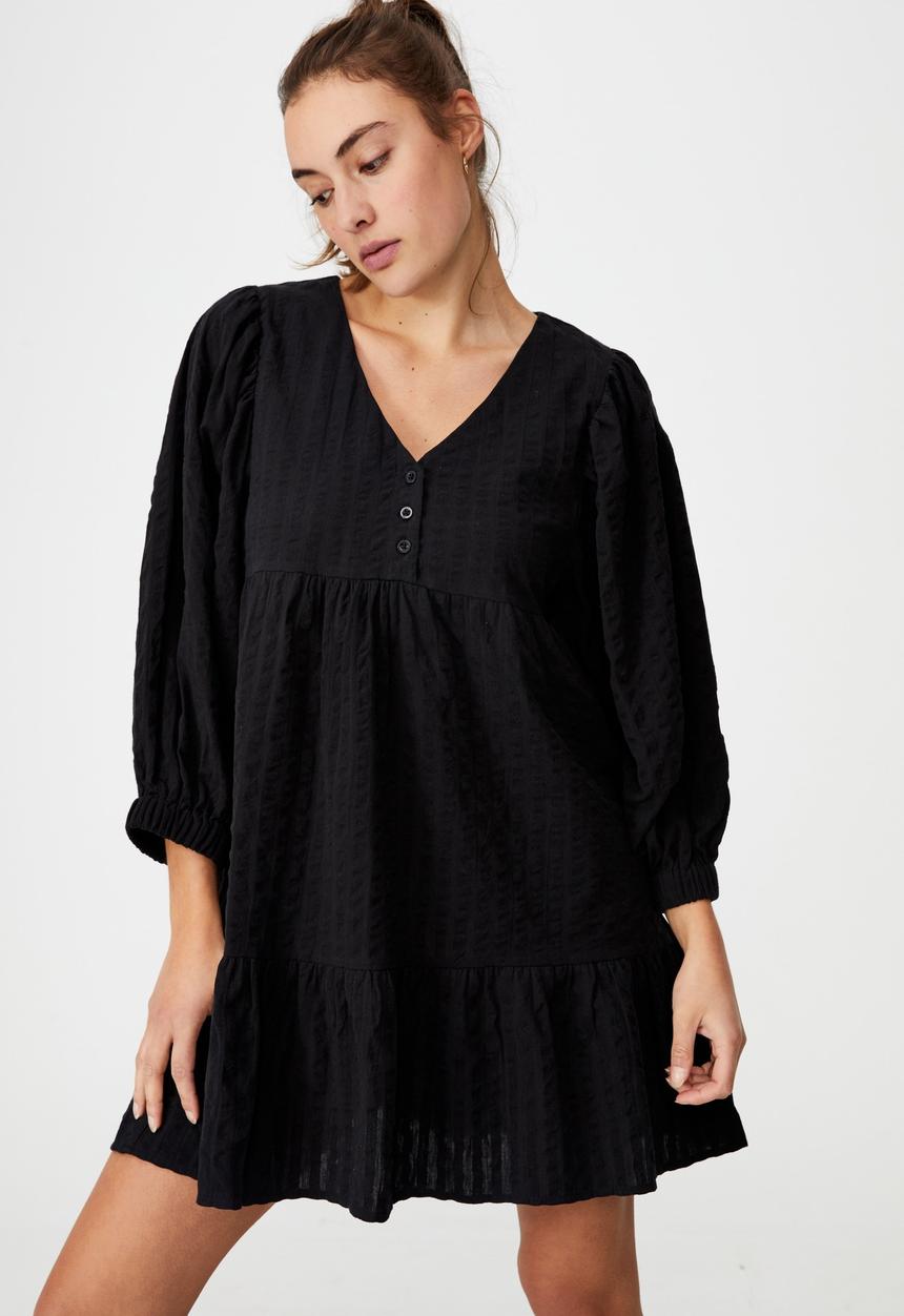 Cotton On - Woven zerha long sleeve smock mini dress - black