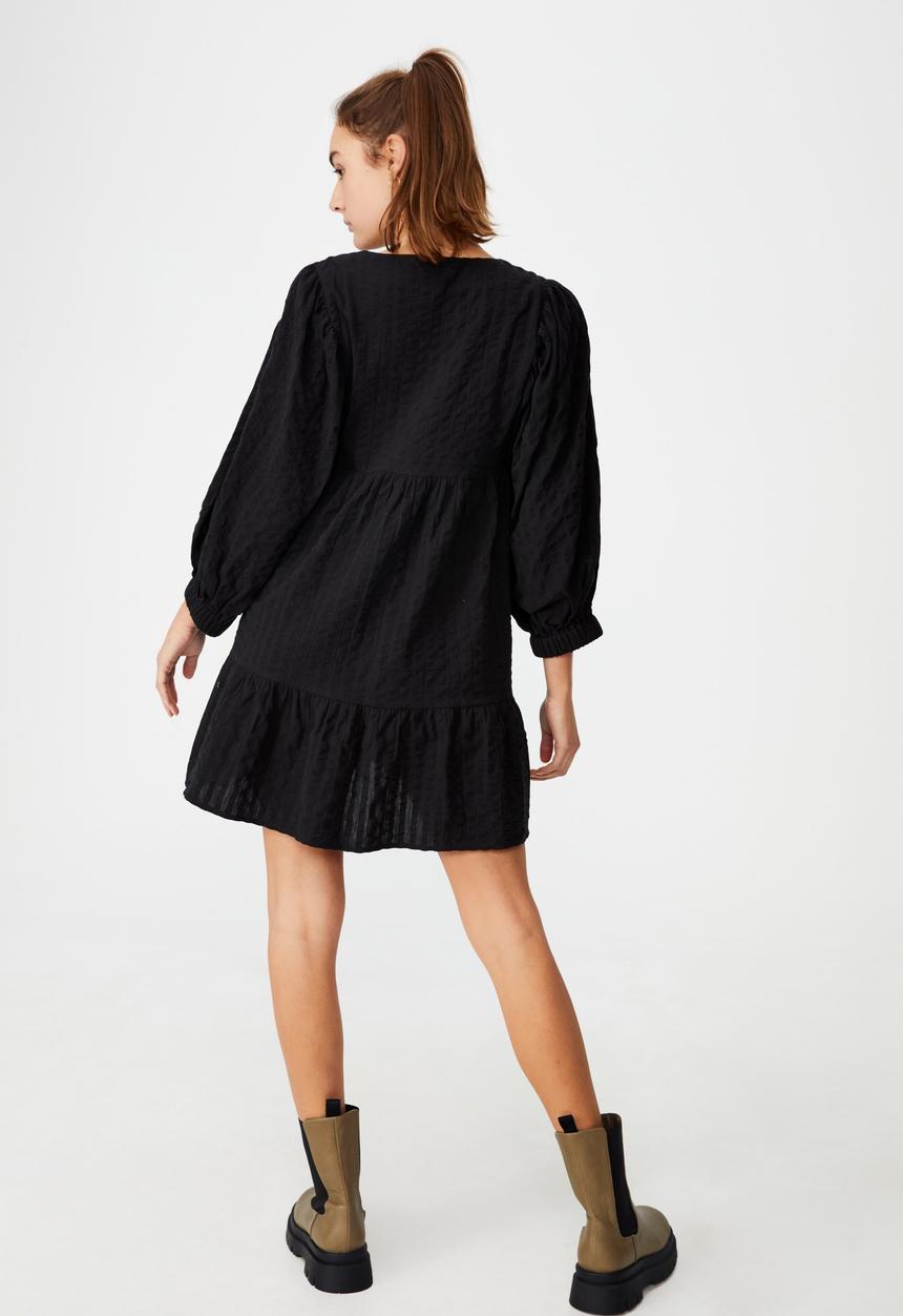 Cotton On - Woven zerha long sleeve smock mini dress - black