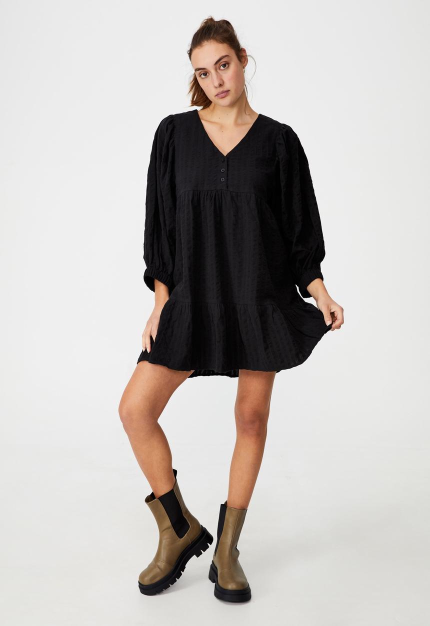 Cotton On - Woven zerha long sleeve smock mini dress - black