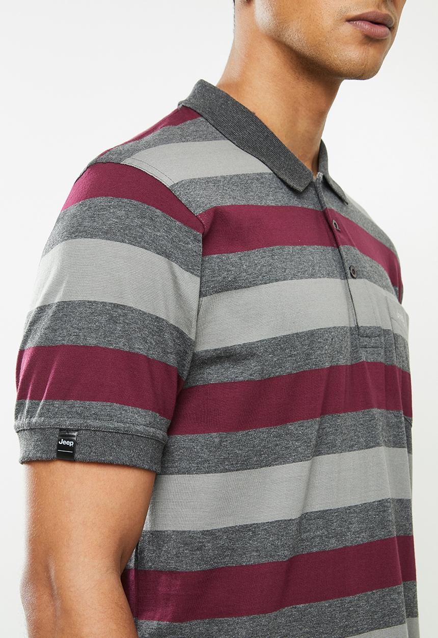 JEEP - Graham short sleeve yd multi stripe golfer - grey & burgundy 