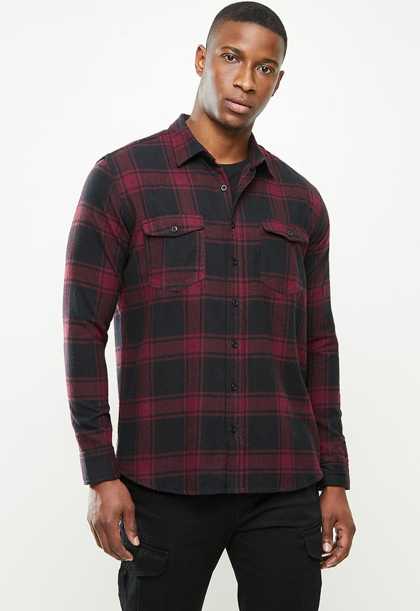 JEEP - Howard long sleeve flannel yd check shirt - burgundy & black 