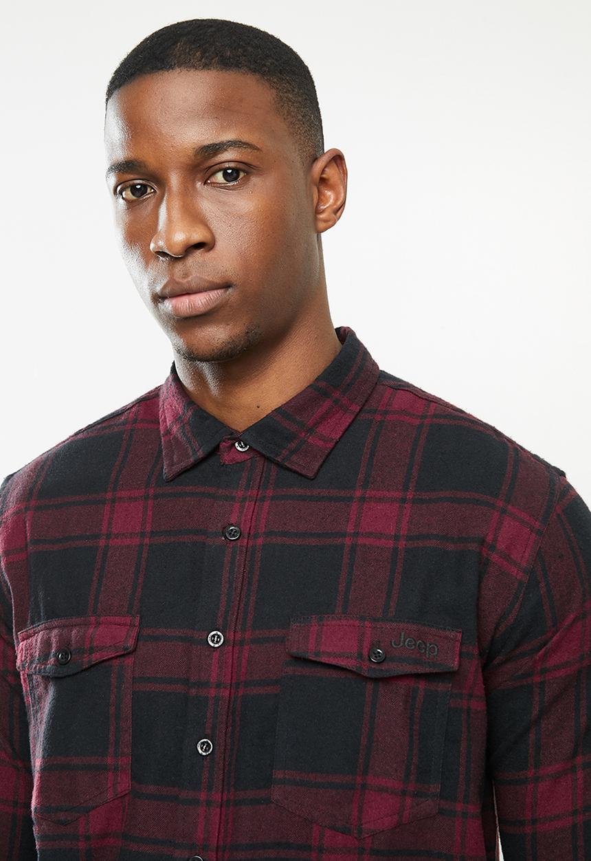 JEEP - Howard long sleeve flannel yd check shirt - burgundy & black 