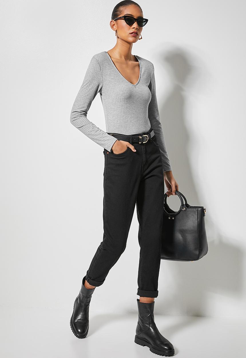 Superbalist - V-neck rib shoulder pad bodysuit - grey 