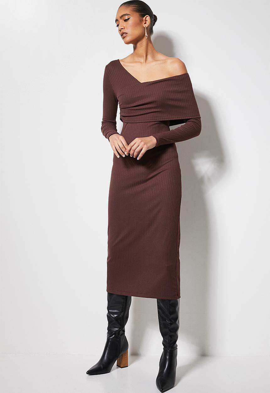 VELVET - Asymmetric rib midi dress - chocolate