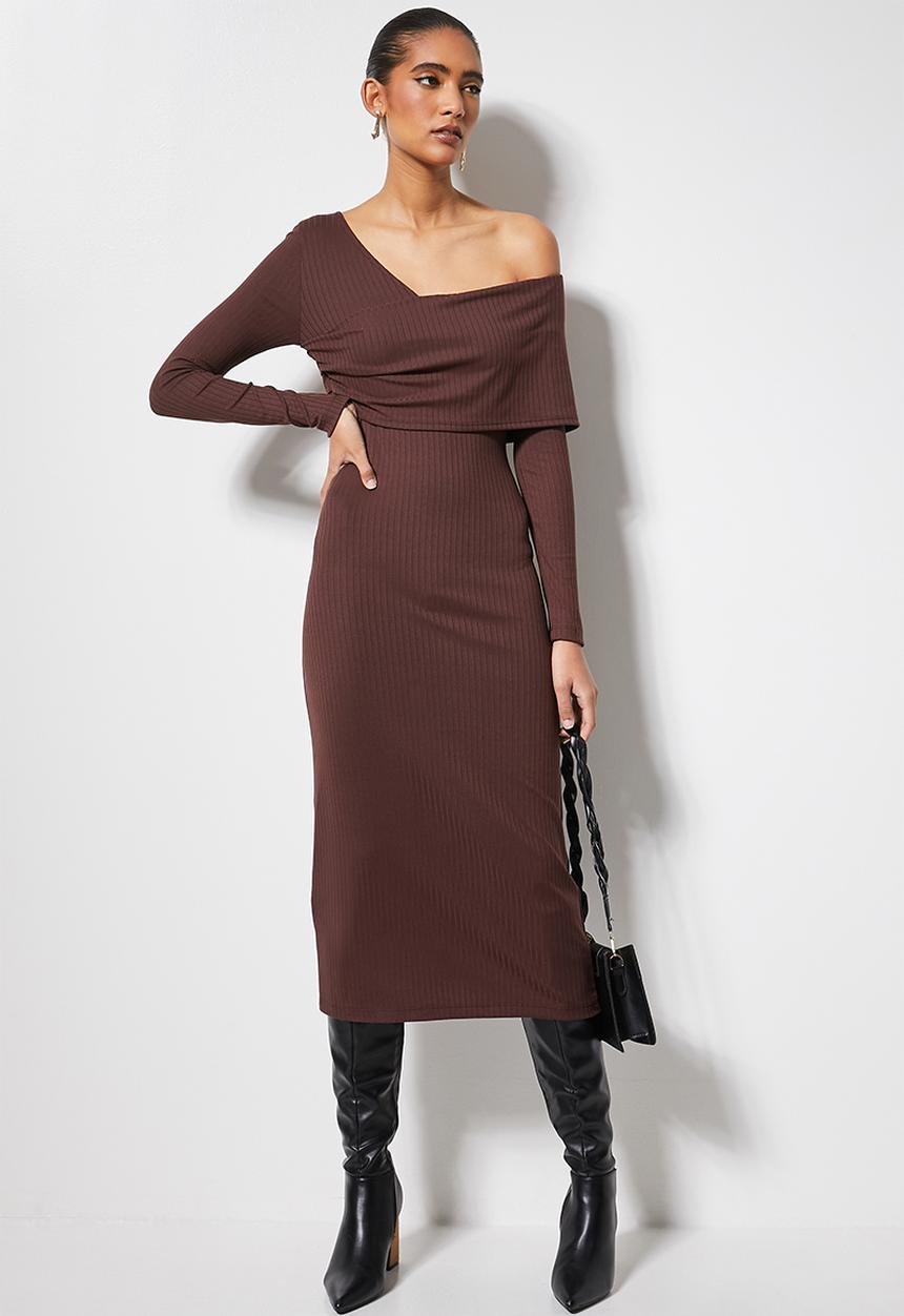 VELVET - Asymmetric rib midi dress - chocolate