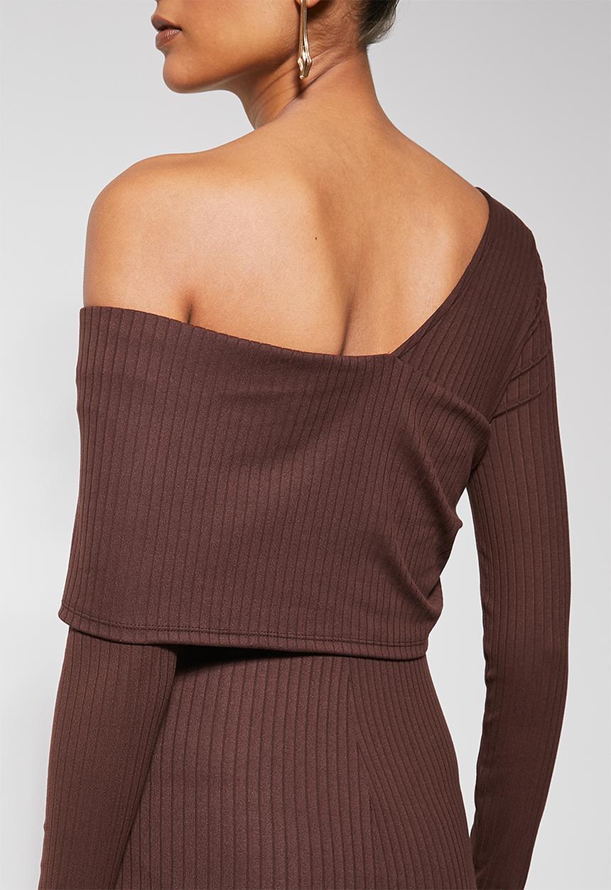 VELVET - Asymmetric rib midi dress - chocolate