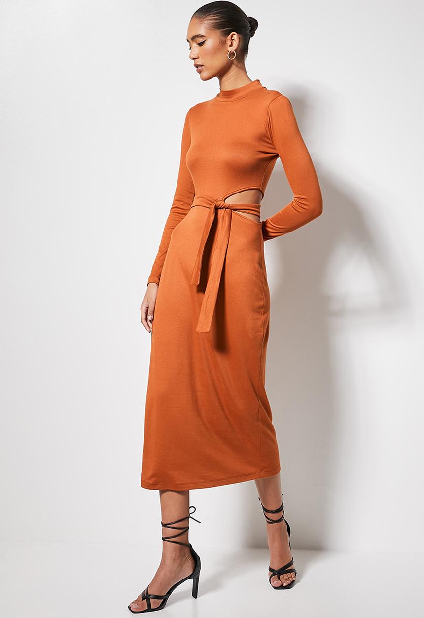 VELVET - Cut out turtle neck midi column dress - rust 