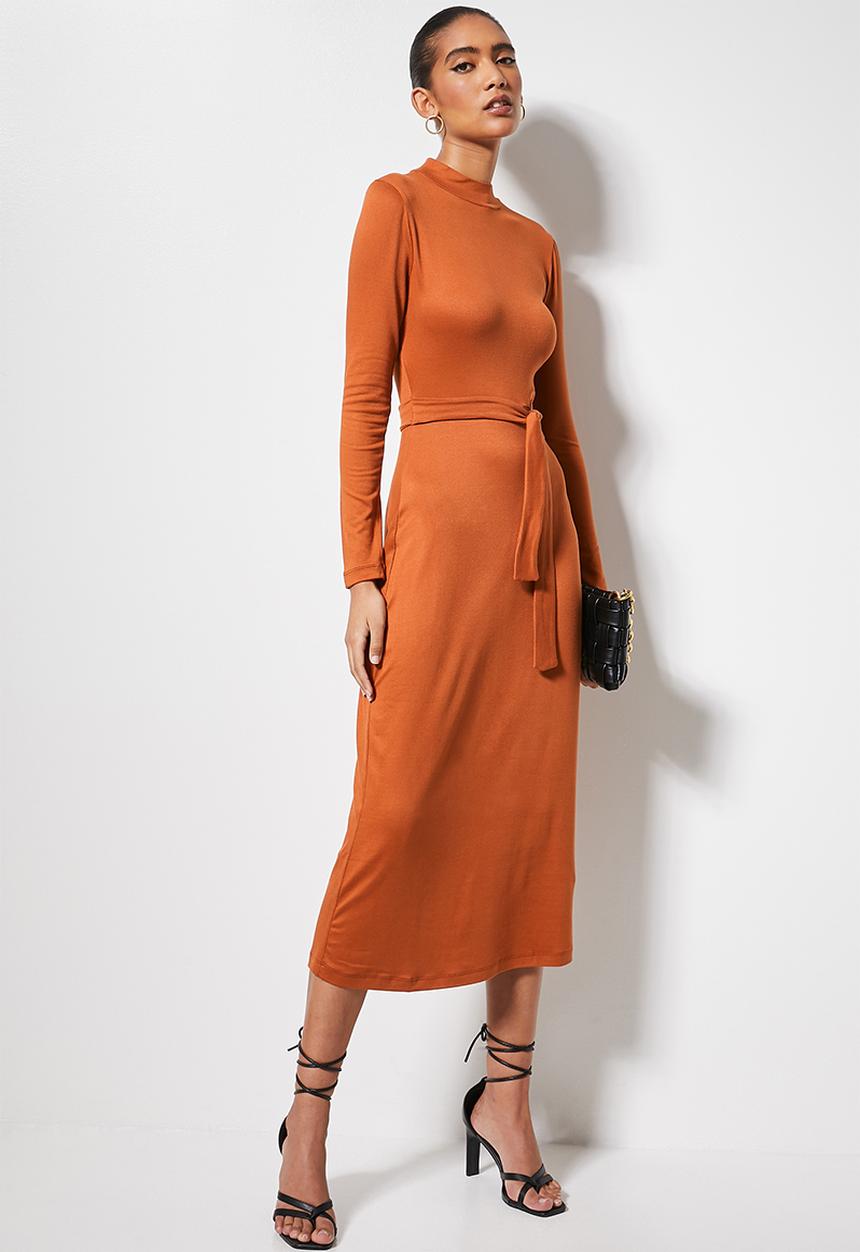 VELVET - Cut out turtle neck midi column dress - rust 