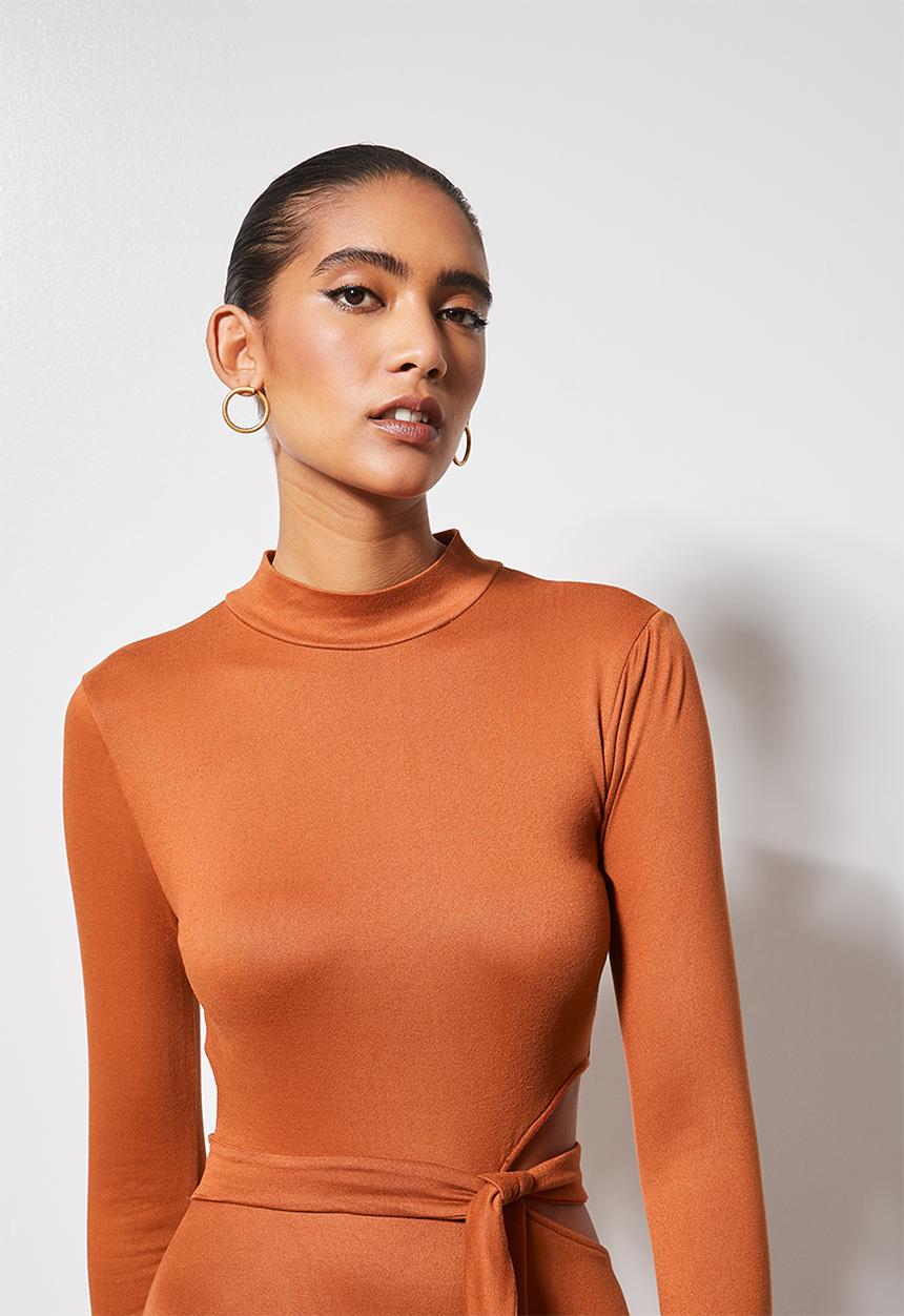 VELVET - Cut out turtle neck midi column dress - rust 
