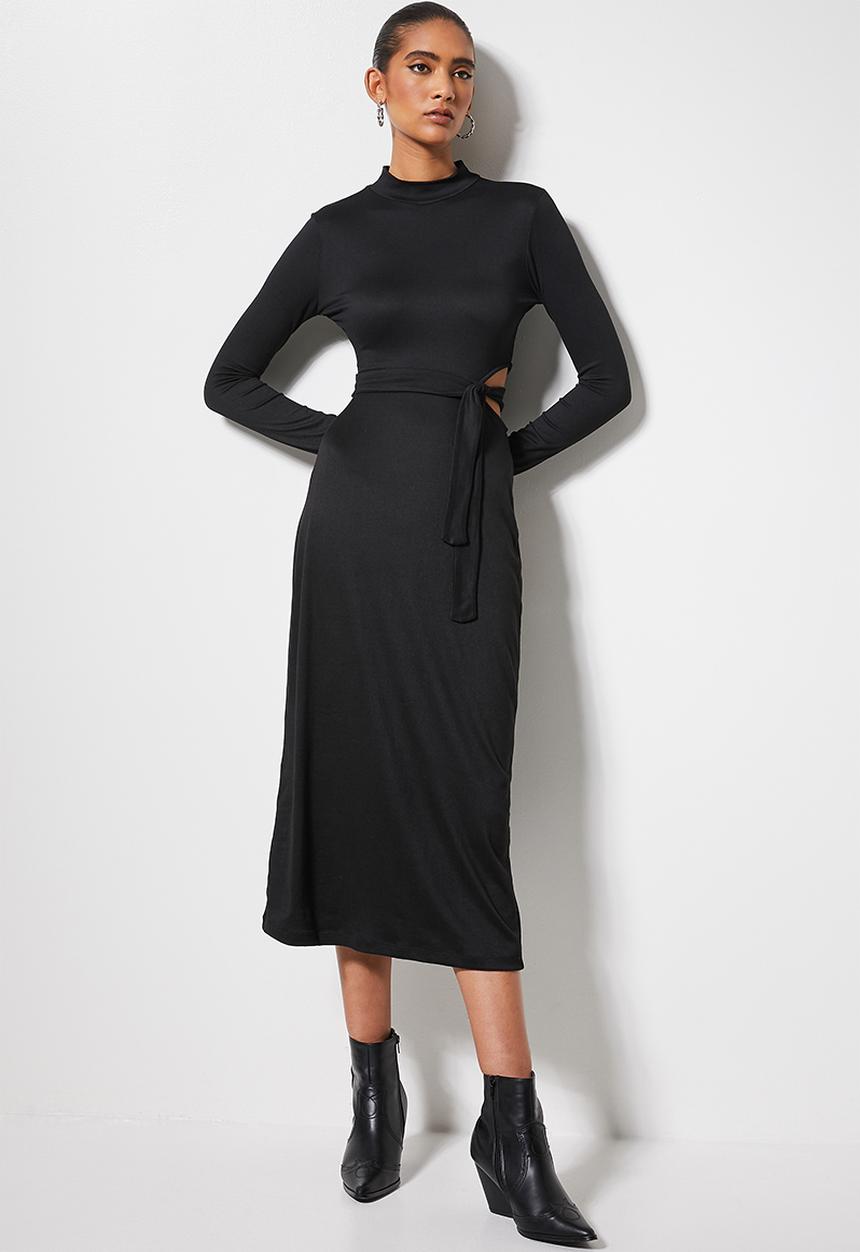 VELVET - Cut out turtle neck midi column dress - black