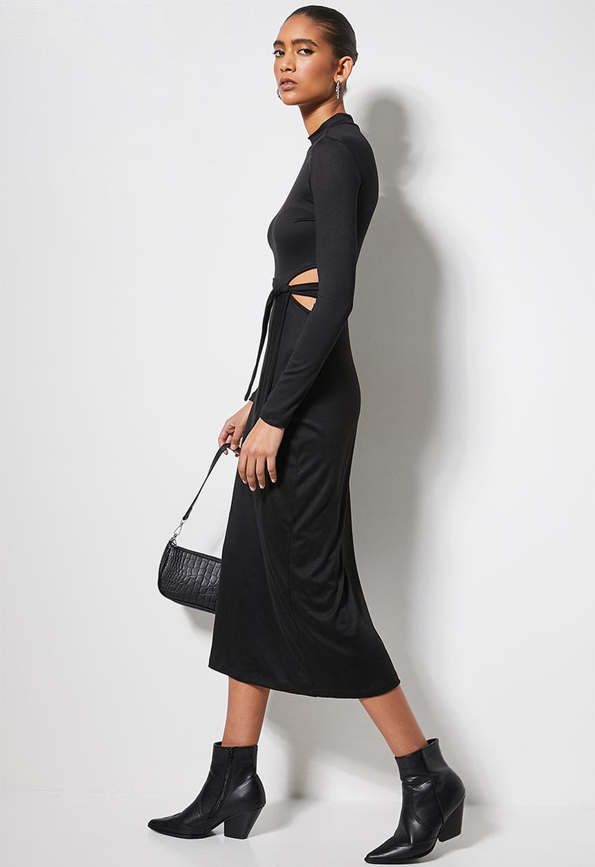 VELVET - Cut out turtle neck midi column dress - black