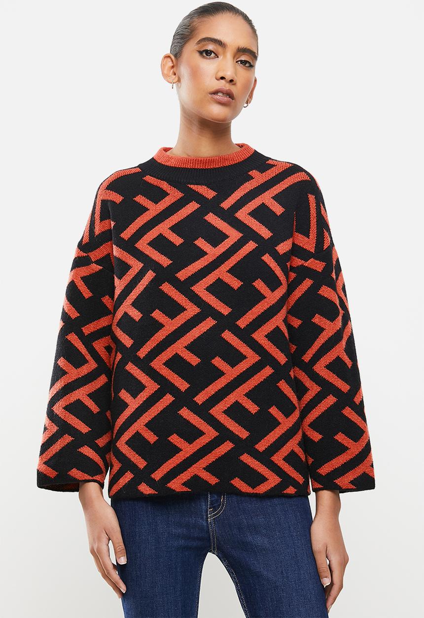 Revenge - Geo print wide sleeve pullover jumper - burnt orange & black 
