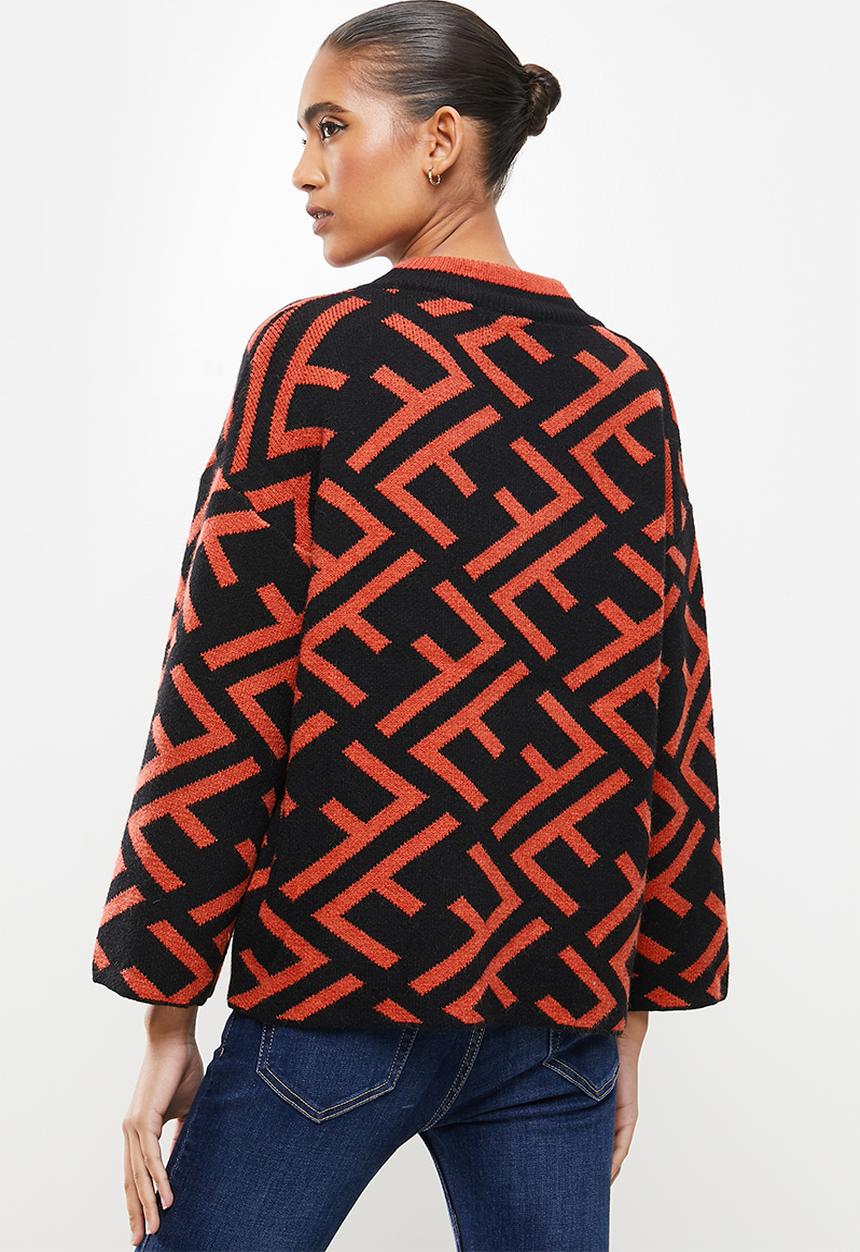 Revenge - Geo print wide sleeve pullover jumper - burnt orange & black 