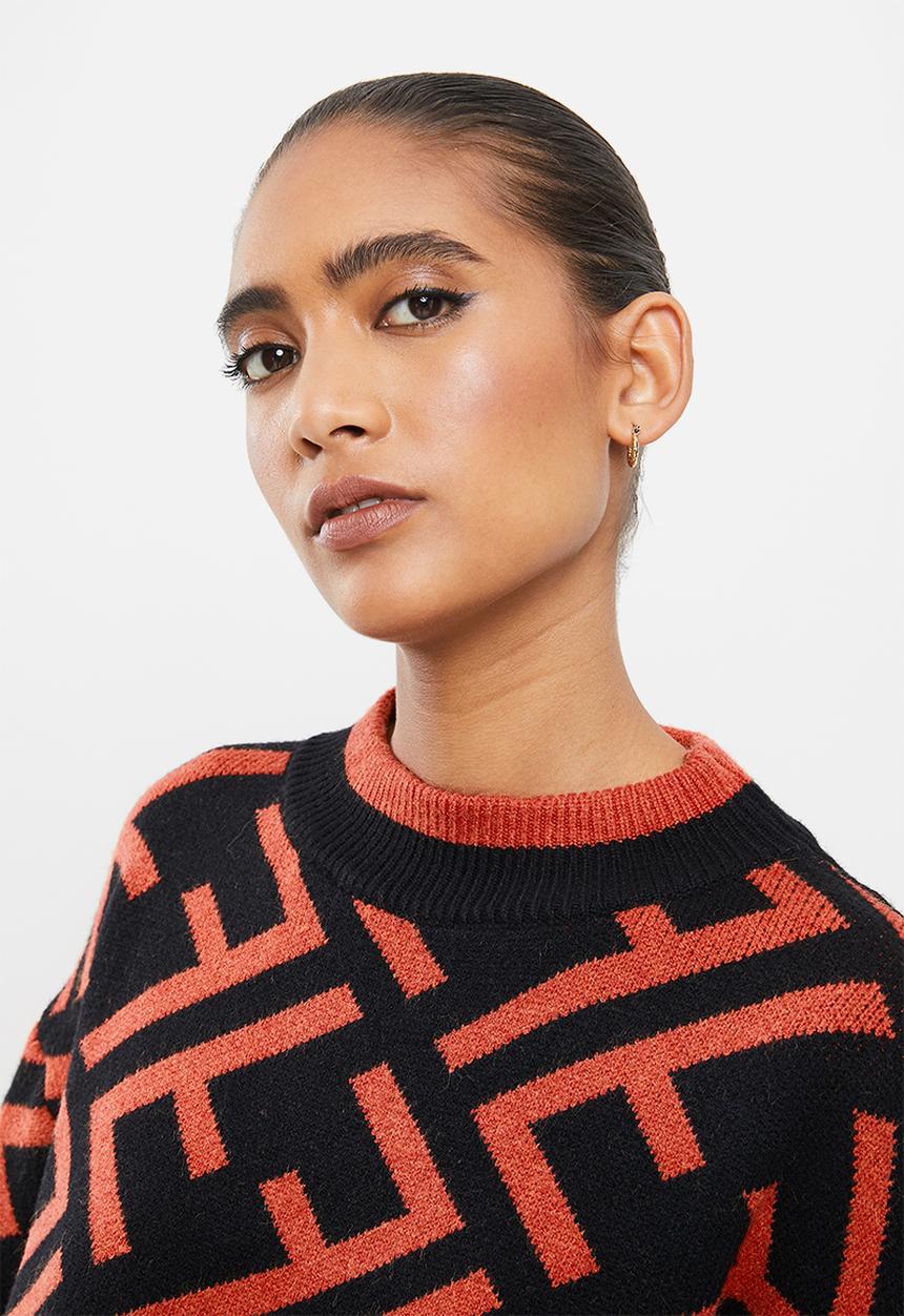 Revenge - Geo print wide sleeve pullover jumper - burnt orange & black 