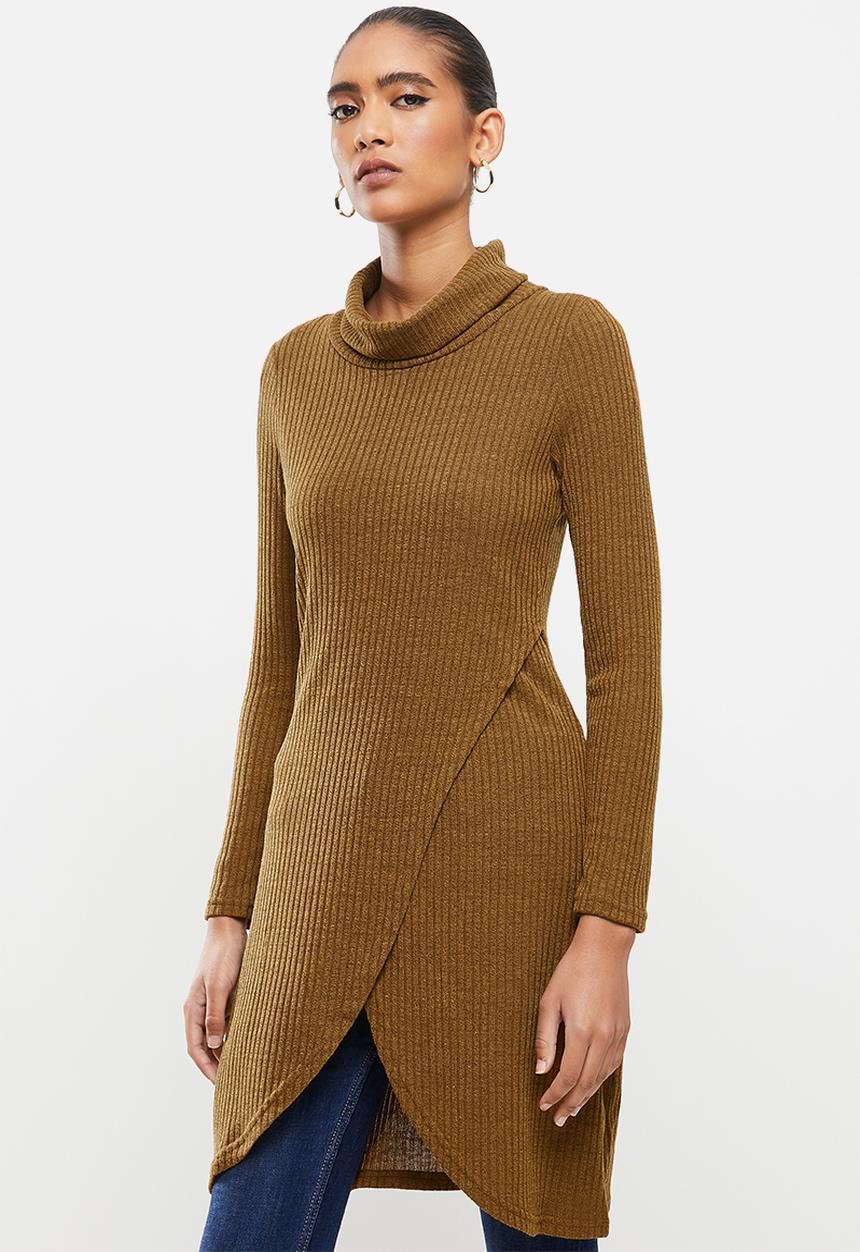 Revenge - Longline wrap front tunic top - mustard