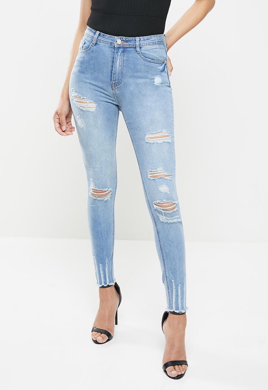 Missguided - Highwaisted authentic rip skinny wash - blue