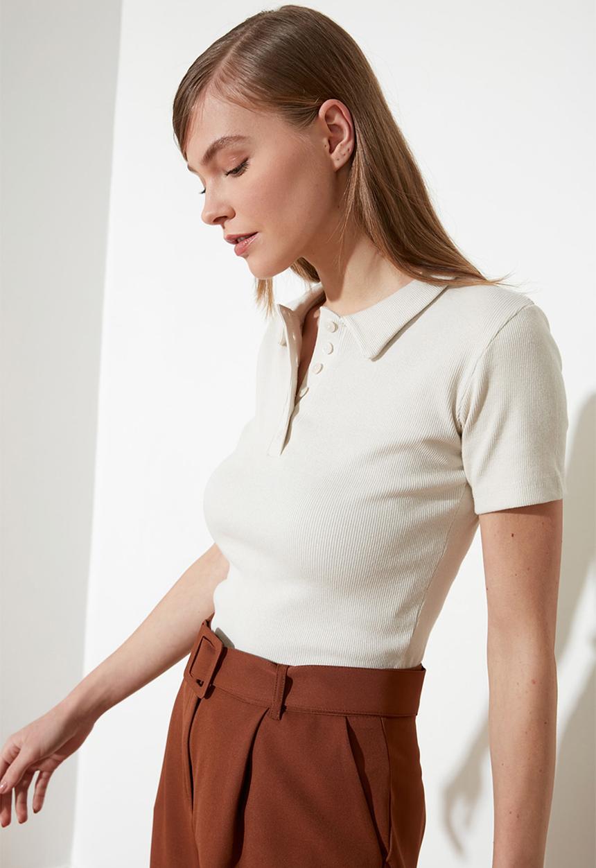 Trendyol - Button detailed corded knit blouse - beige
