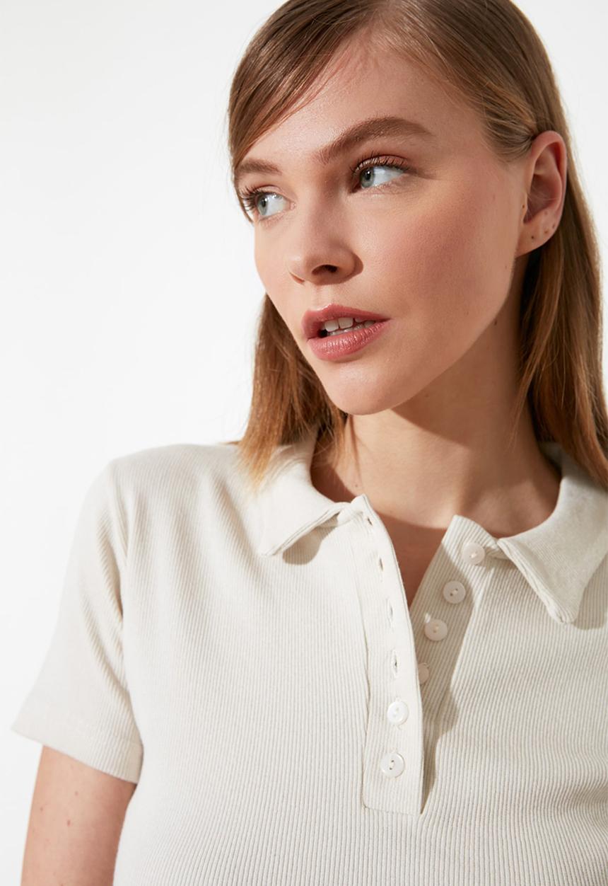 Trendyol - Button detailed corded knit blouse - beige