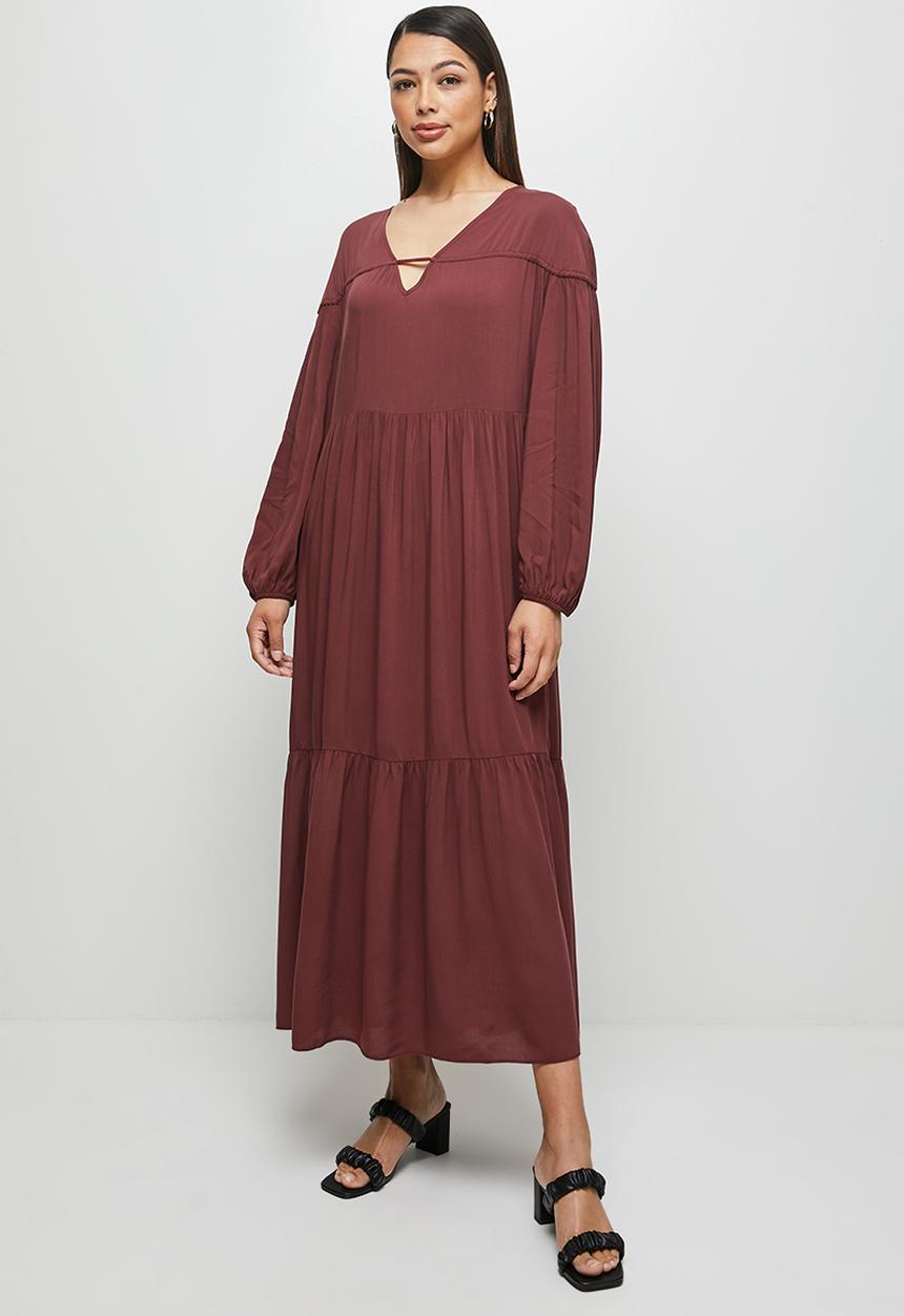 MILLA - Tiered balloon sleeve midi dress - burgundy 