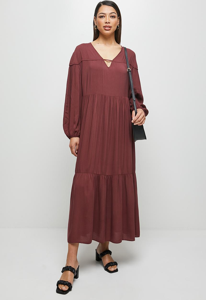 MILLA - Tiered balloon sleeve midi dress - burgundy 
