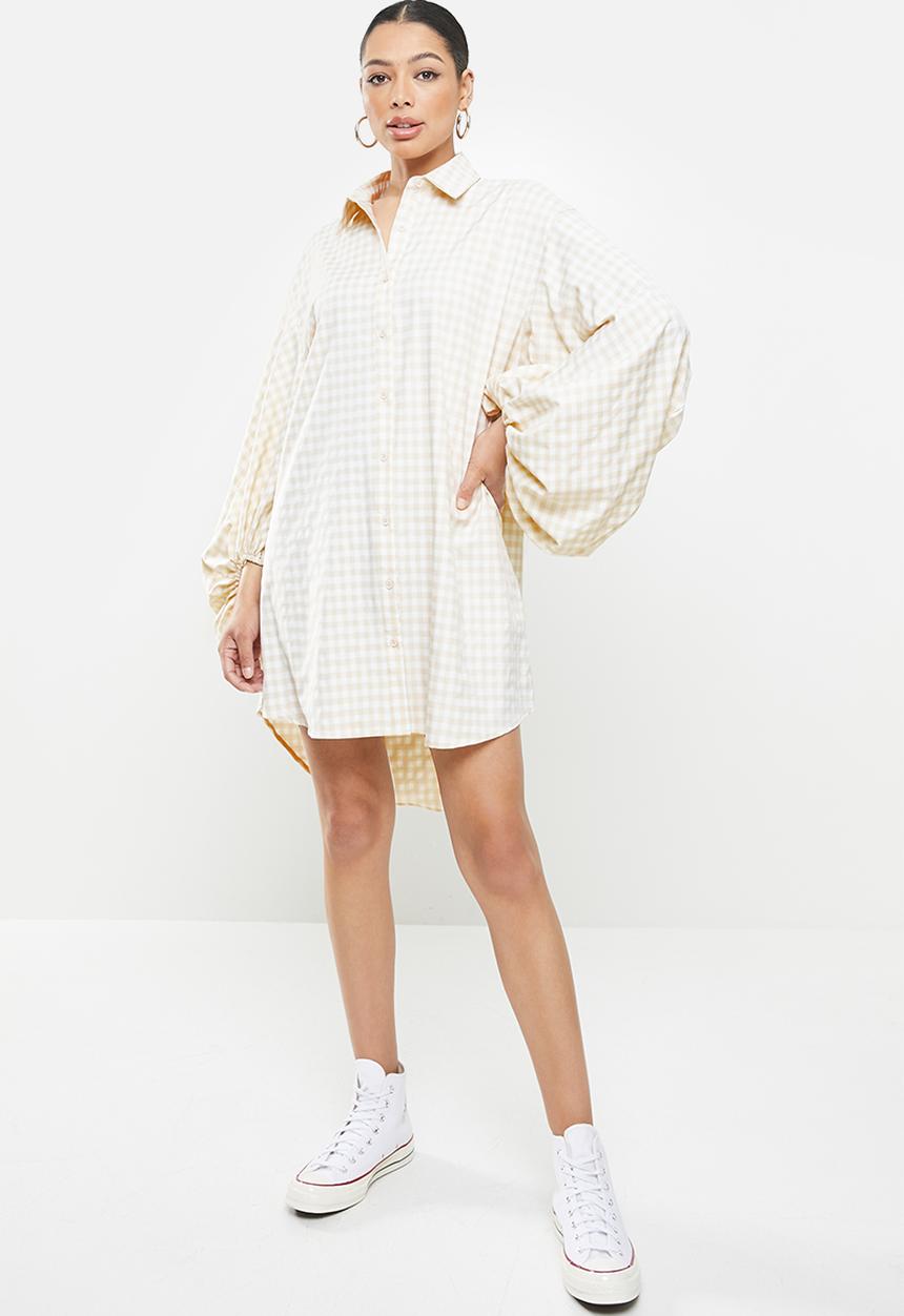 Missguided - Puffball sleeve oversized shirt dress check - stone