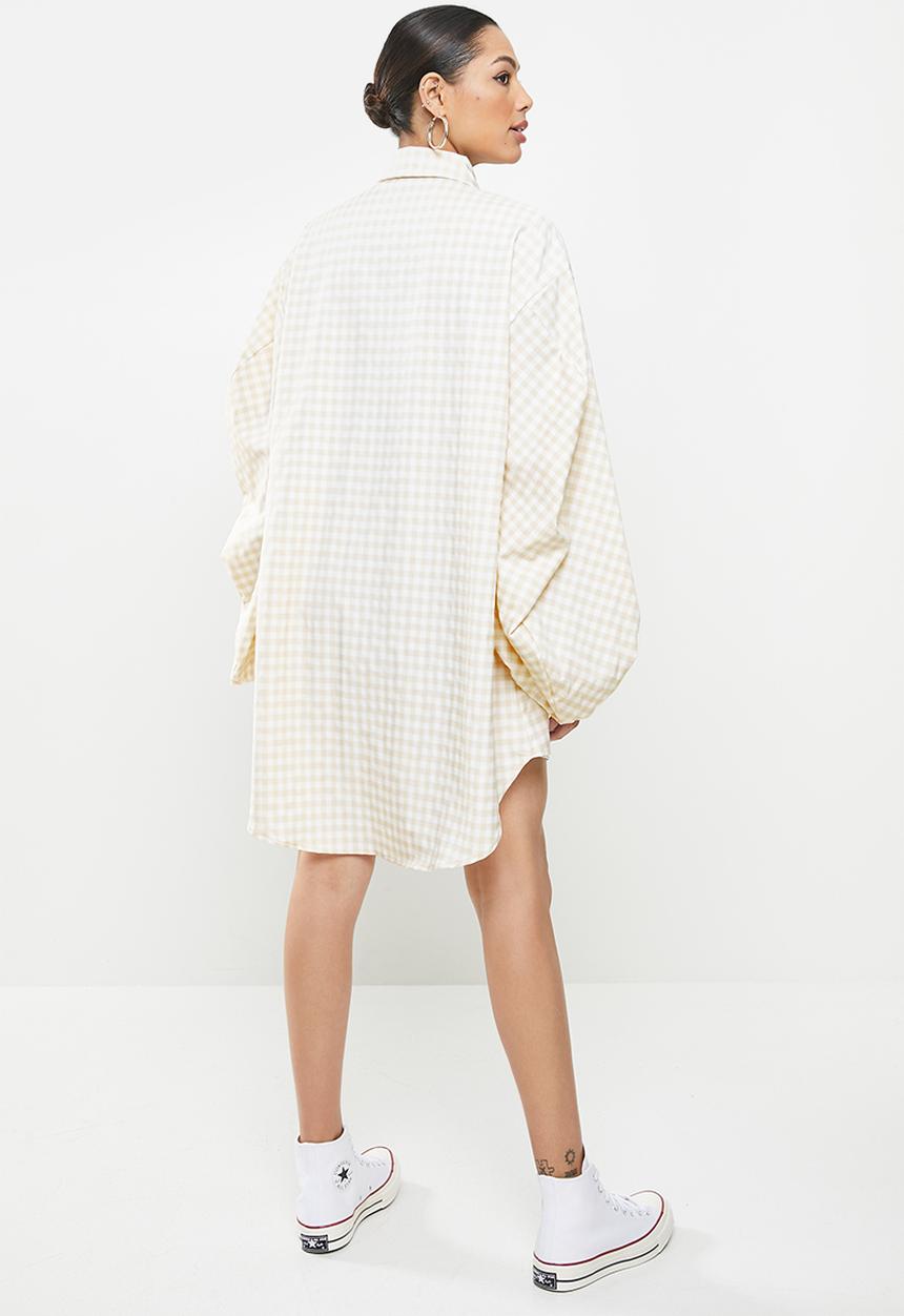 Missguided - Puffball sleeve oversized shirt dress check - stone