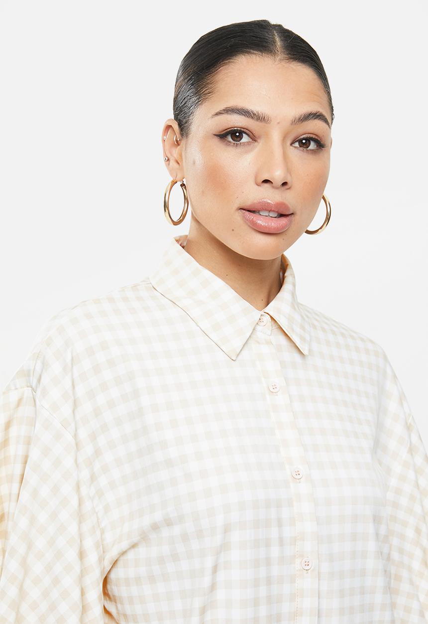Missguided - Puffball sleeve oversized shirt dress check - stone