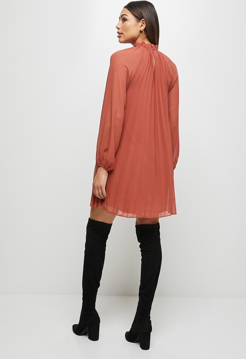 MILLA - Chiffon pleated trapeze mini dress - burnt orange