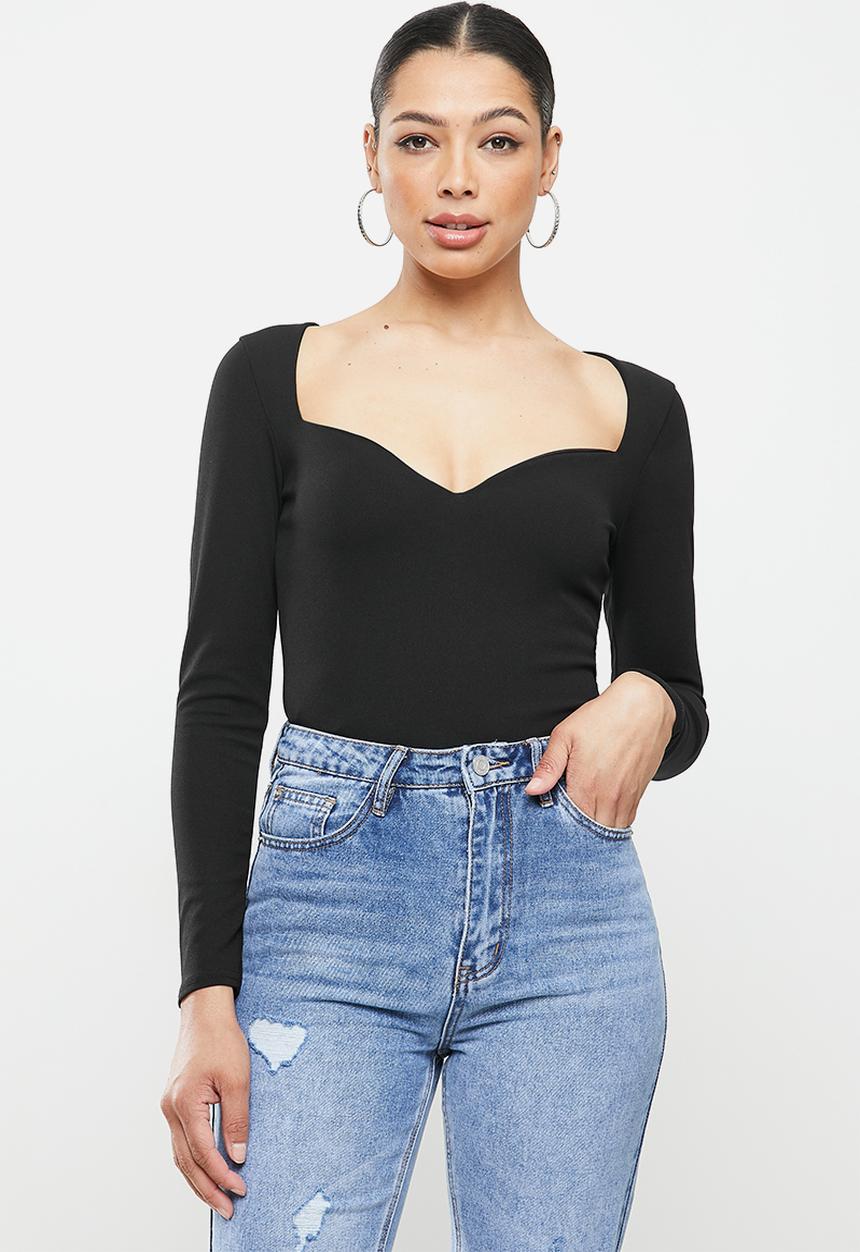 Missguided - Crepe sweetheart neck longsleeve bodysuit - black