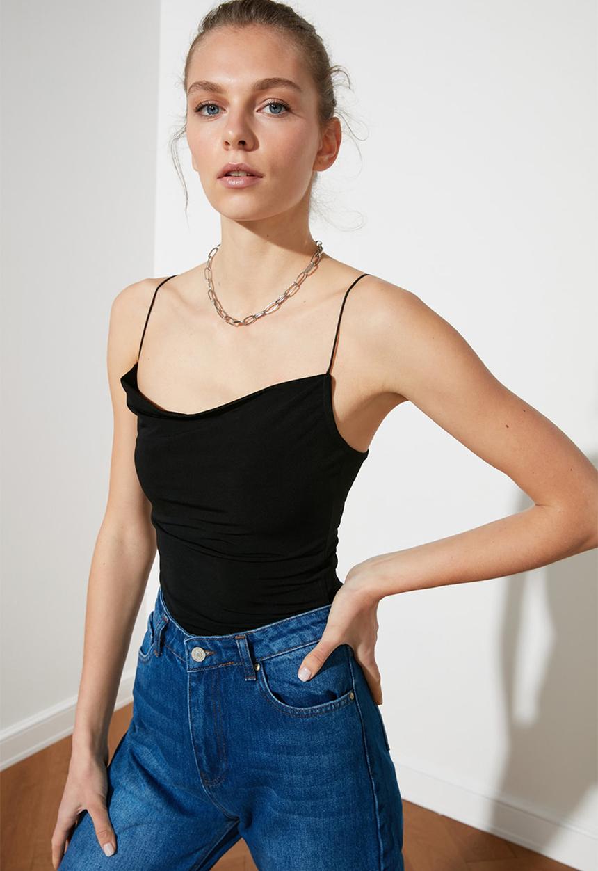 Trendyol - Cowl collar snap fastener knitted body - black