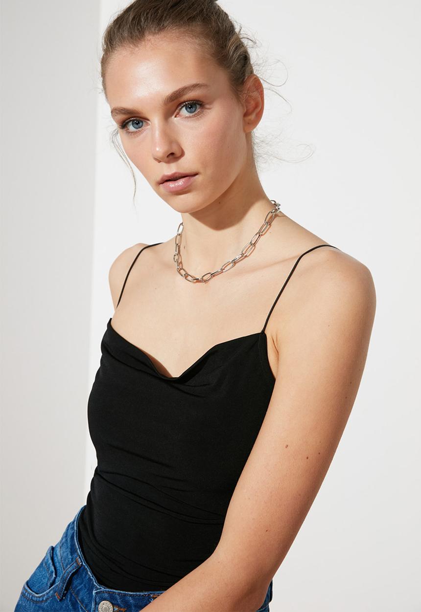 Trendyol - Cowl collar snap fastener knitted body - black