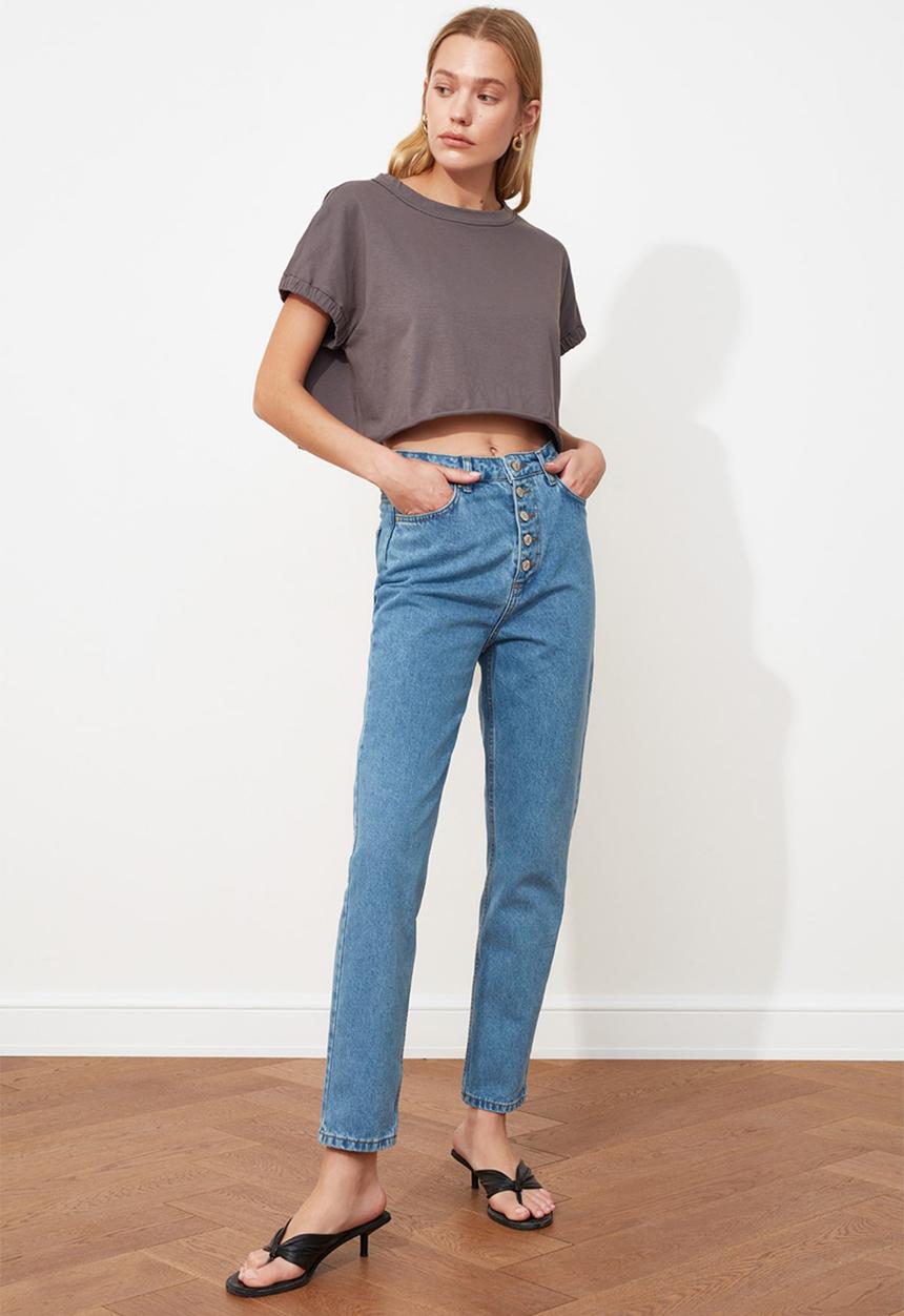 Trendyol - Front buttoned high waist mom jeans - blue