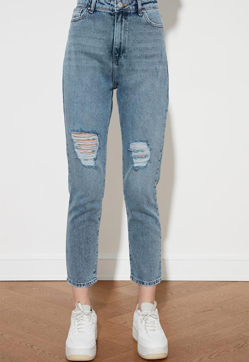 Trendyol - Ripped detailed high waist mom jeans - blue