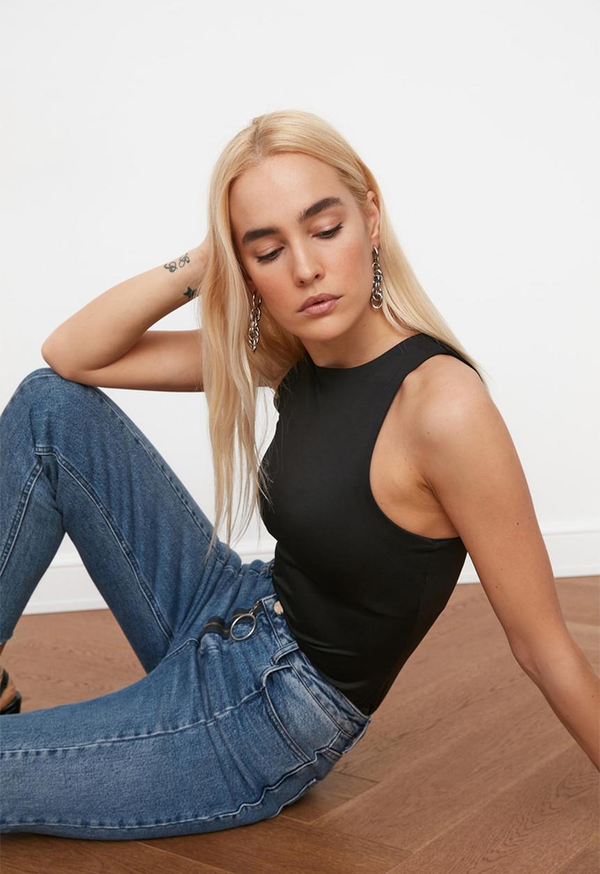 Trendyol - Siyah snap fastener knitted body - black