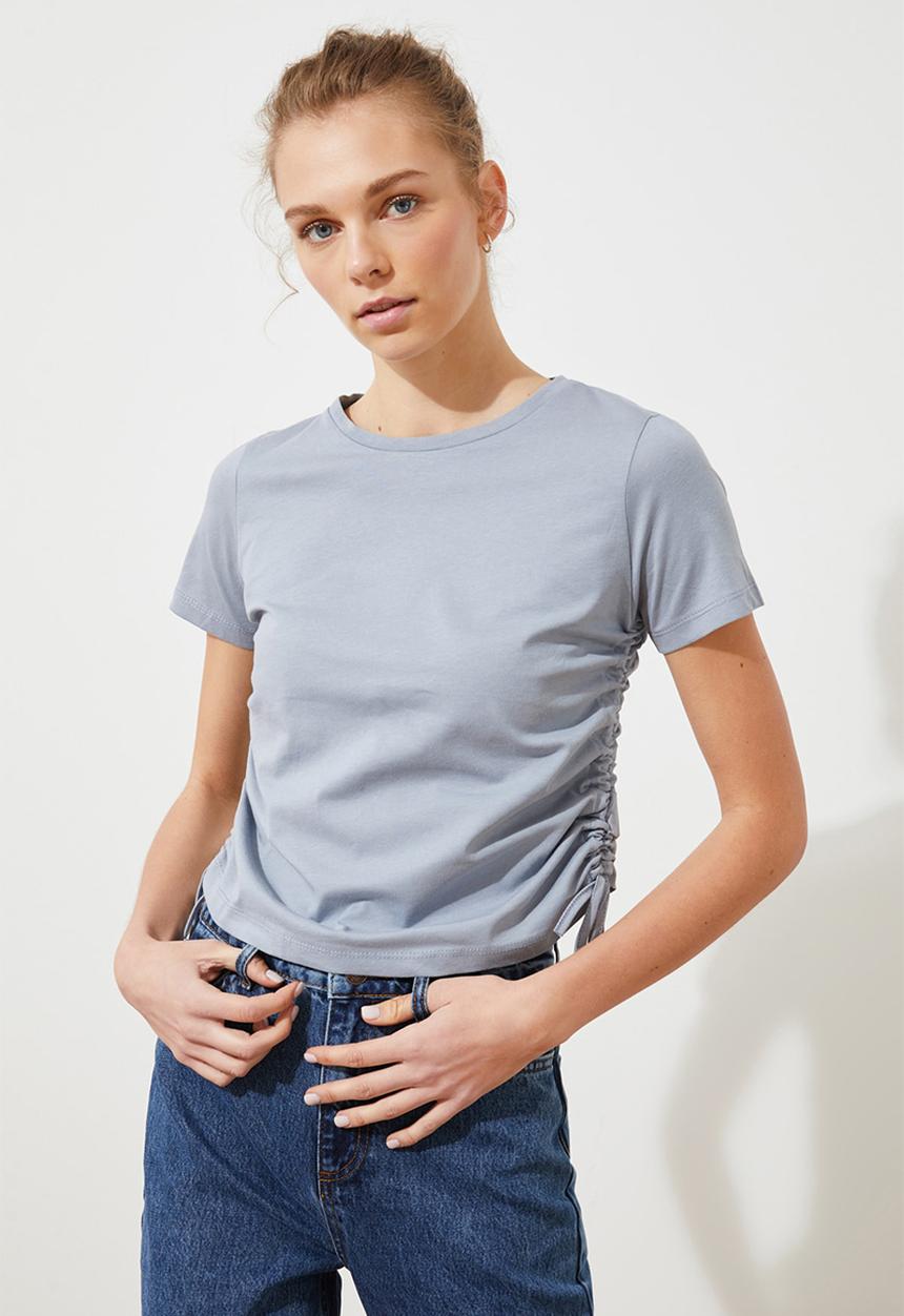 Trendyol - Gri shirred basic knitted T-shirt - grey