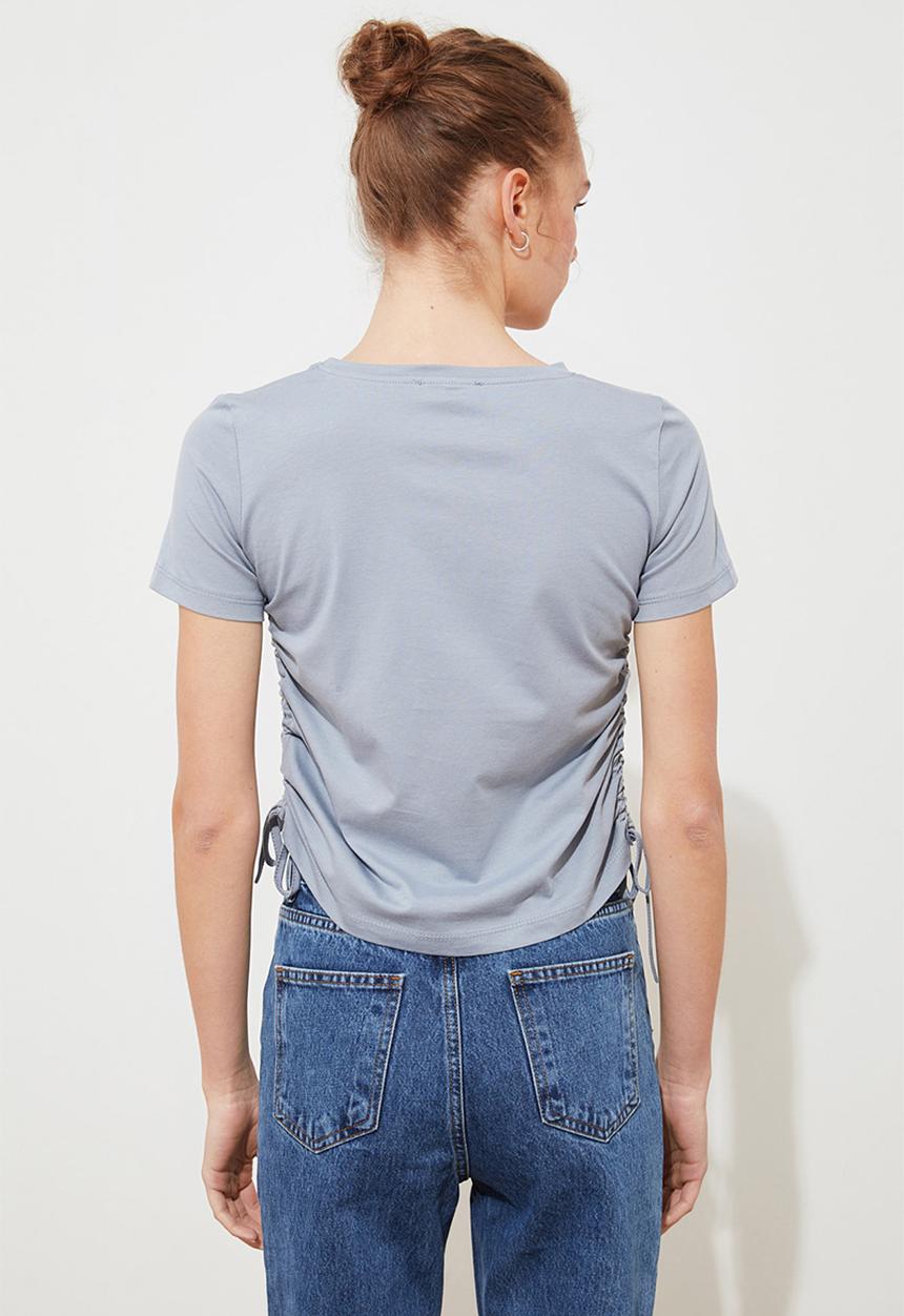 Trendyol - Gri shirred basic knitted T-shirt - grey