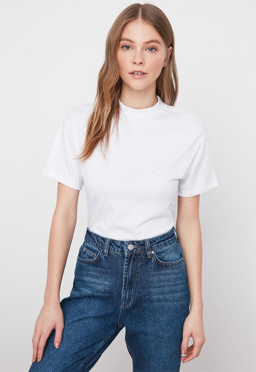 Trendyol - Stand collar basic knitted t-shirt - white