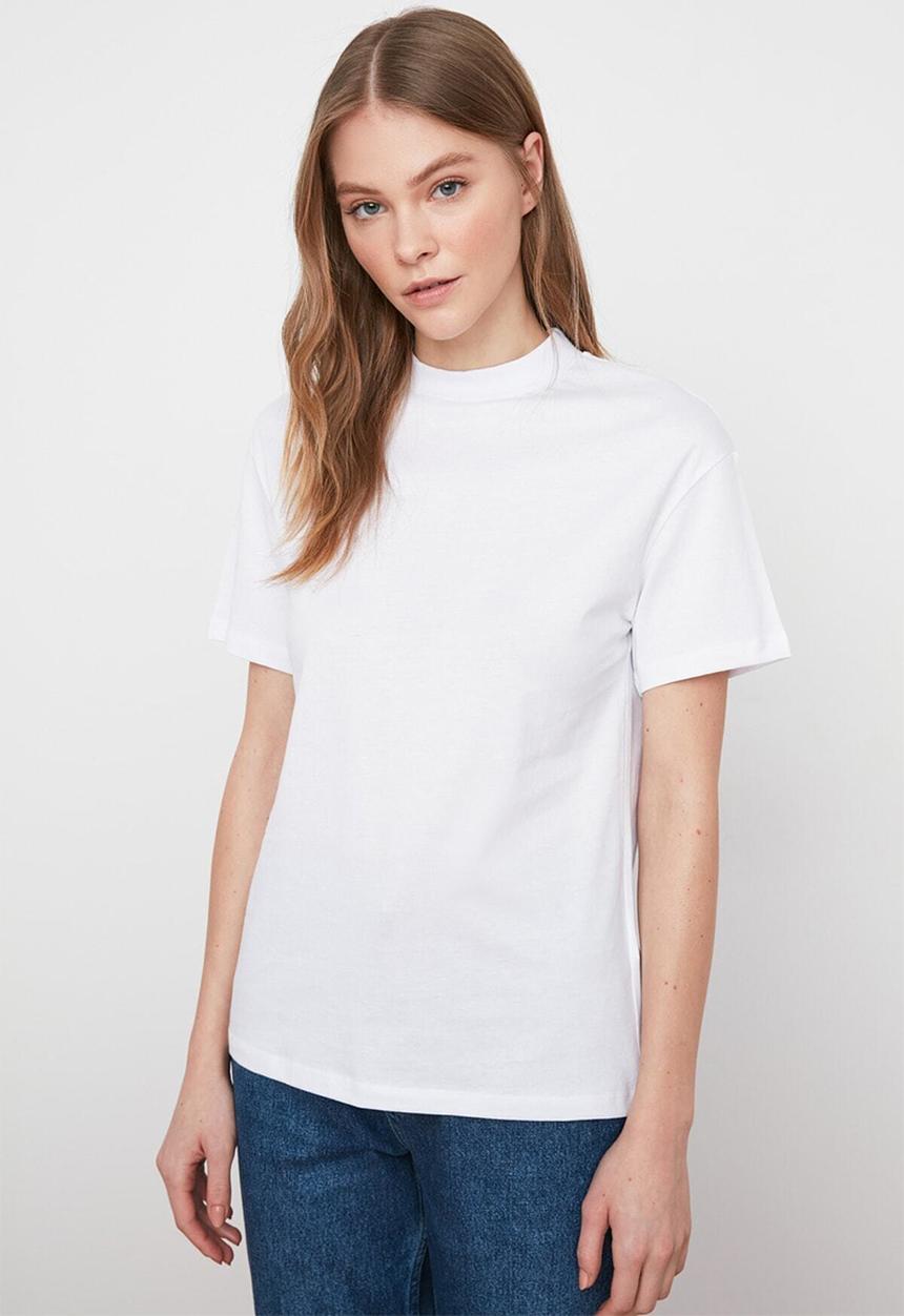 Trendyol - Stand collar basic knitted t-shirt - white