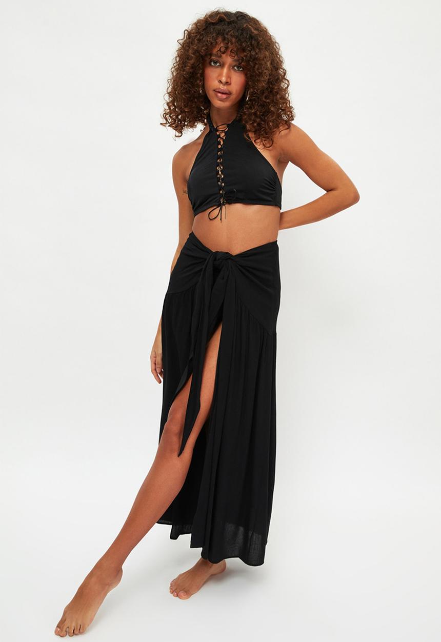Trendyol - Black tied sarong viscose skirt - black