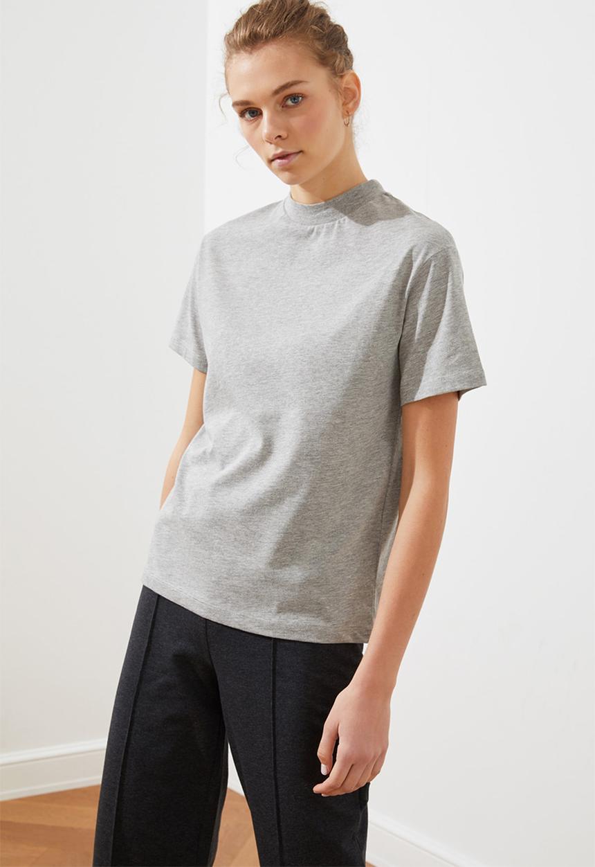 Trendyol - Stand collar basic knitted T-shirt - grey