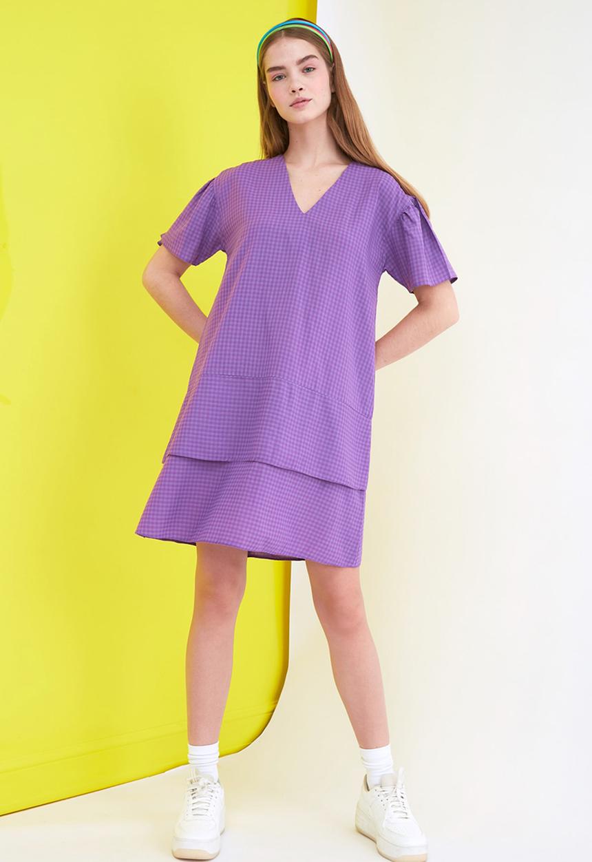Trendyol - Checkered ruffle wide cut dress - purple
