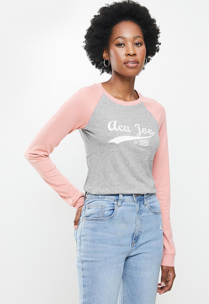 Aca Joe - Raglan long sleeve tee - grey & pink