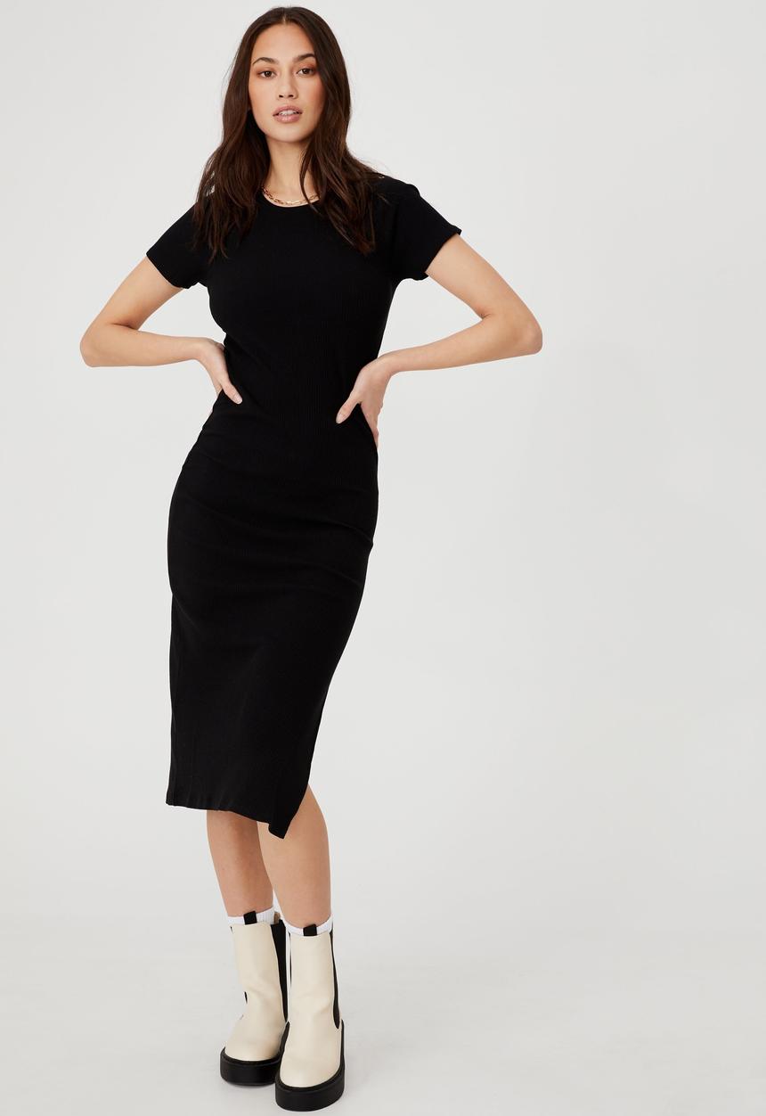 Cotton On - Essential split short sleeve midi dress - black