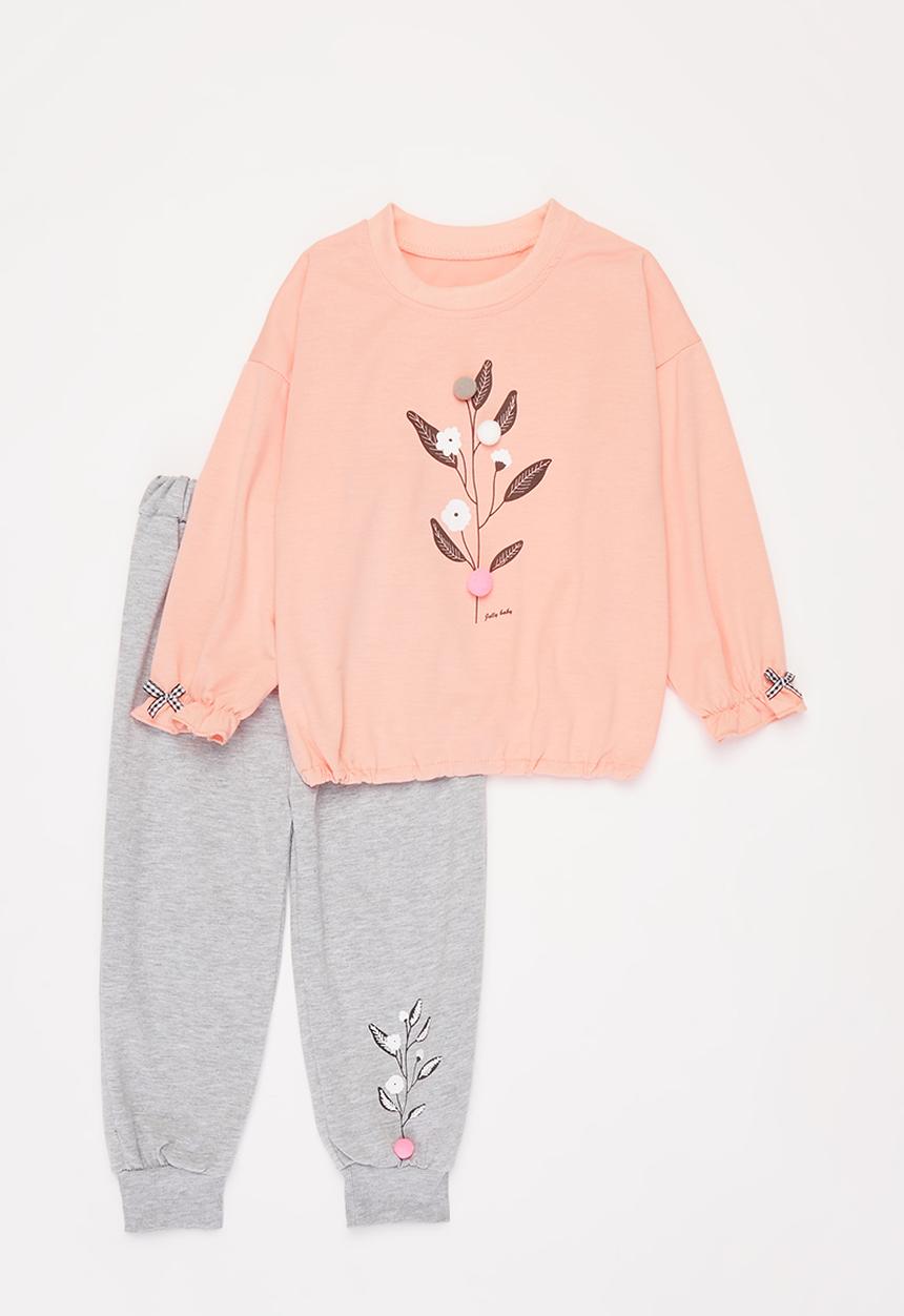 Pop Candy - Girls top & jogger set with pompoms - pink & grey