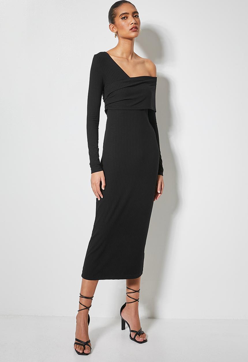 VELVET - Asymmetric rib knit midi dress - black