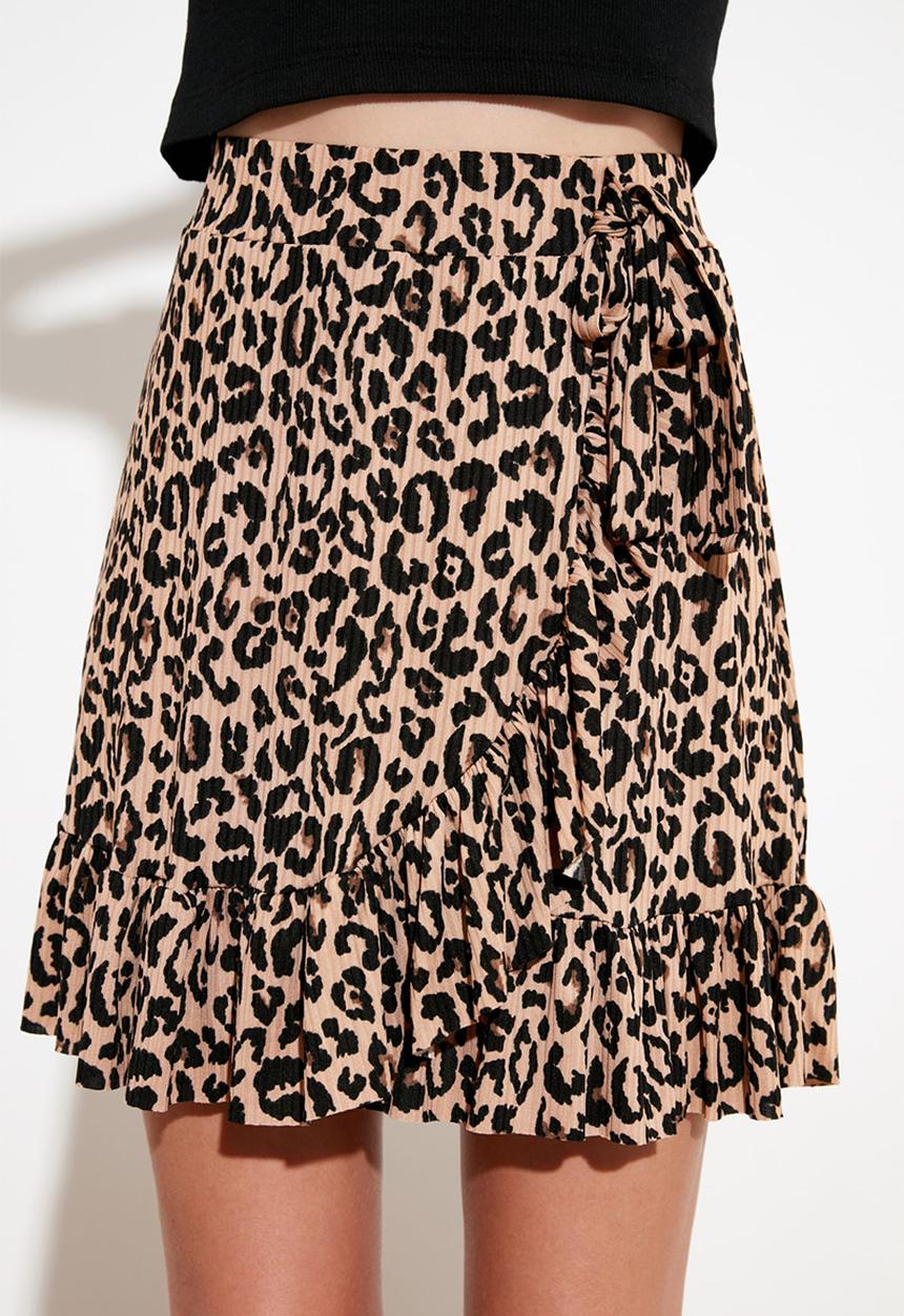 Trendyol - Floral pattern ruffle knit skirt - brown & black