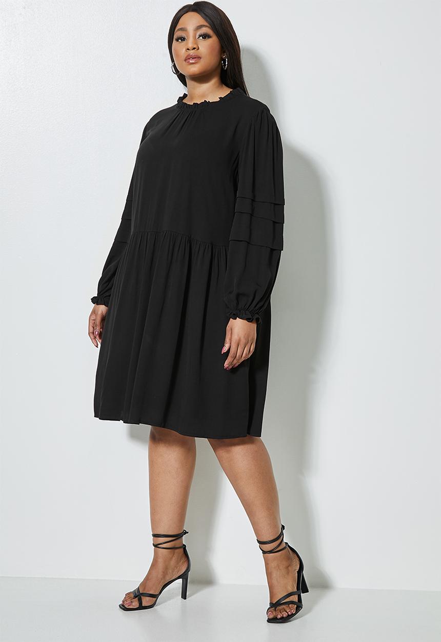 VELVET - Peached pintuck babydoll dress with pie crust neckline - black