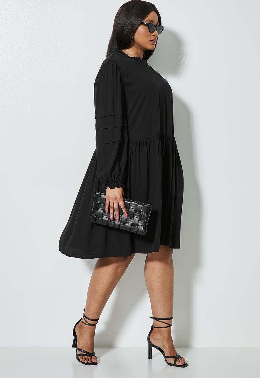 VELVET - Peached pintuck babydoll dress with pie crust neckline - black
