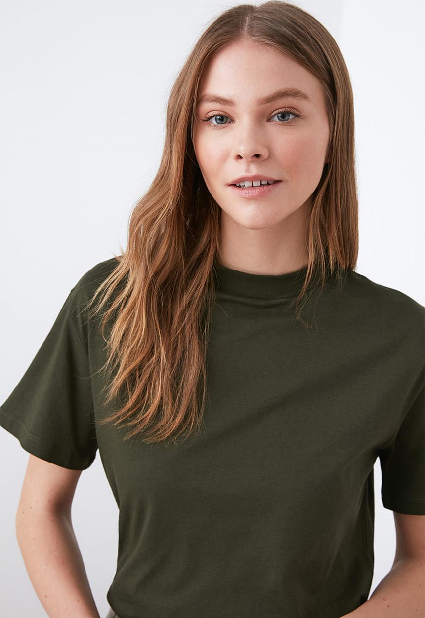 Trendyol - Stand collar basic knitted T-shirt - khaki